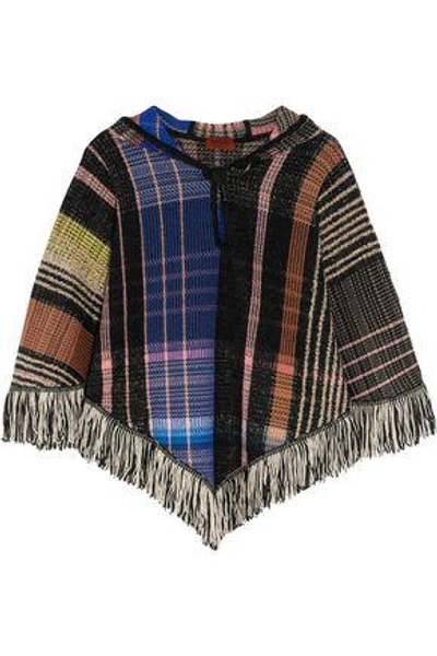 Shop Missoni Woman Fringed Bouclé And Crochet-knit Wool-blend Hooded Poncho Black