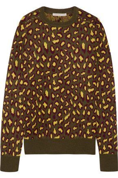 Shop Christopher Kane Woman Leopard-intarsia Cashmere Sweater Army Green