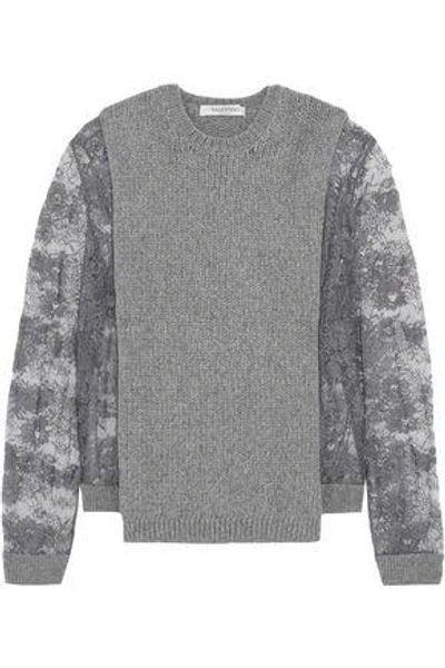 Shop Valentino Woman Guipure Lace-paneled Ribbed Wool And Cashmere-blend Sweater Anthracite