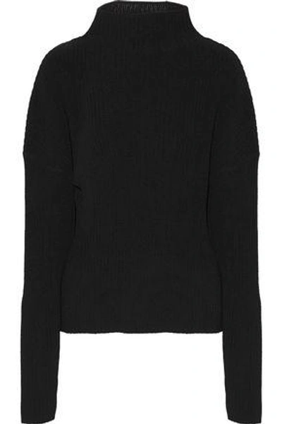 Shop Dion Lee Woman Open-back Ribbed-knit Cotton-blend Turtleneck Sweater Black