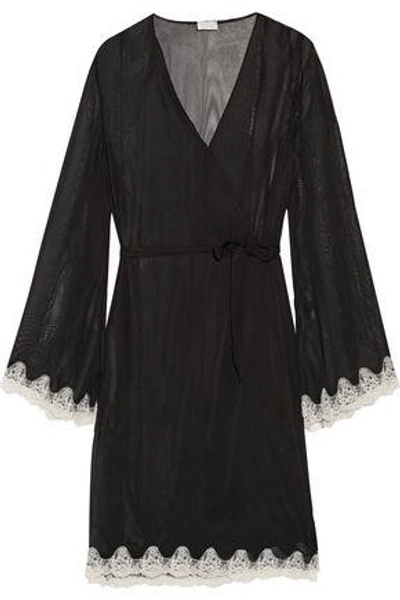 Shop Cosabella Elegance Lace-trimmed Chiffon Robe In Black