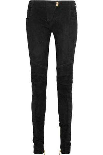 Shop Balmain Woman Moto-style Suede Skinny Pants Black