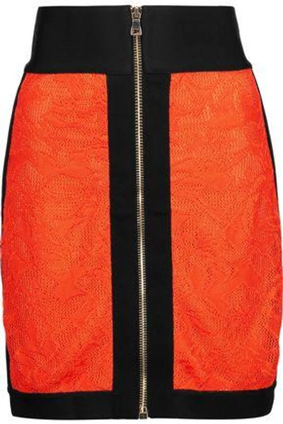Shop Balmain Woman Lace And Jersey Mini Skirt Bright Orange