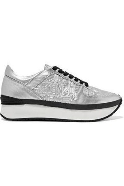Shop Kenzo Woman Basket Metallic Embossed And Smooth Leather Platform Sneakers Silver