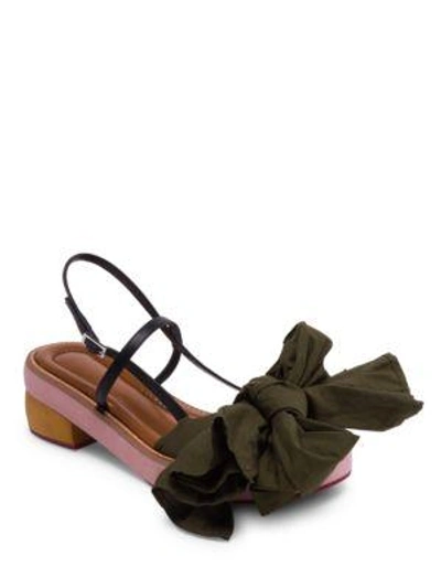 Shop Marni Fabric Bow Wooden Leather Sandals In Leav Green