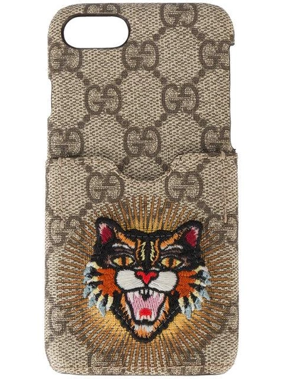 Shop Gucci Embroidered Angry Cat Iphone 6/7 Case In Neutrals