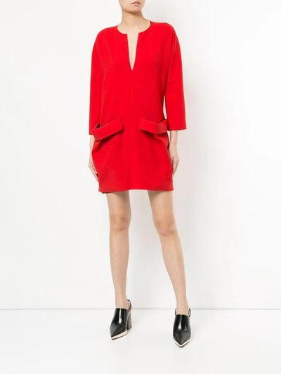 Shop Maison Rabih Kayrouz V Cut Mini Dress With Oversized Pockets - Red