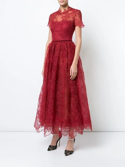 Shop Marchesa Notte Flared Lace-embroidered Dress In Red