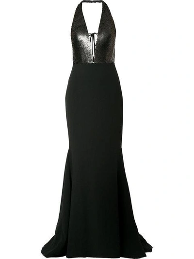 Shop Romona Keveza Sequin Plunge Neck Fishtail Gown In Black