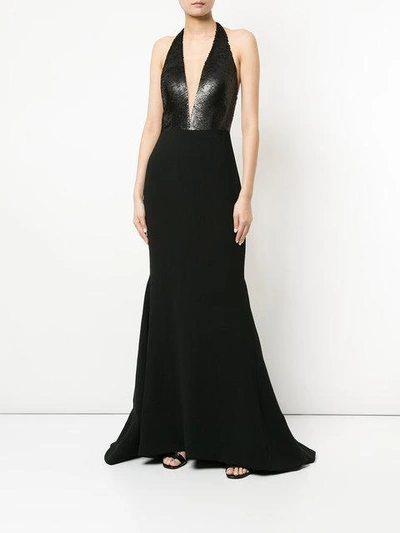 Shop Romona Keveza Sequin Plunge Neck Fishtail Gown In Black