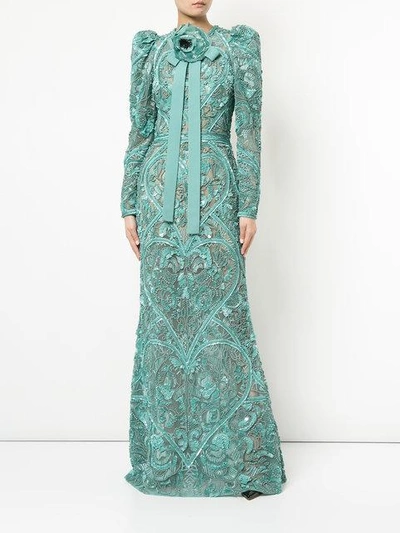 Shop Elie Saab Long Sleeves Full Embellished Column Gown In Green