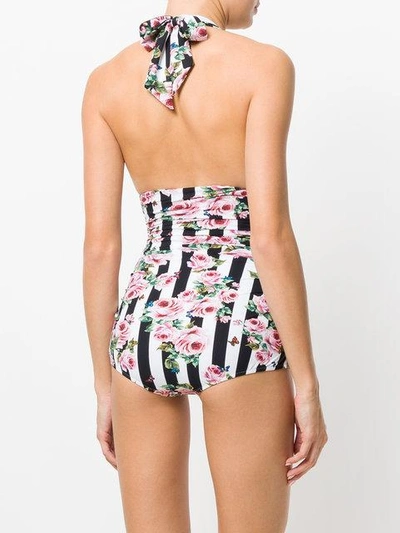 Shop Dolce & Gabbana Striped Rose Print Swimsuit - Black