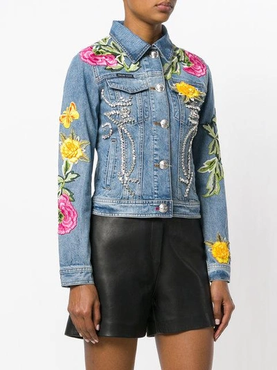 Shop Philipp Plein Floral Patch Denim Jacket - Blue