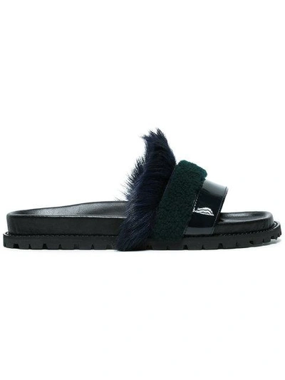 Shop Sacai Leather And Fur Slippers In Black