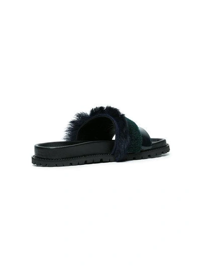Shop Sacai Leather And Fur Slippers In Black