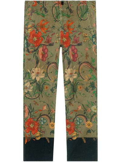 Gucci Flora Snake Print Chino Trousers In Military Green ModeSens
