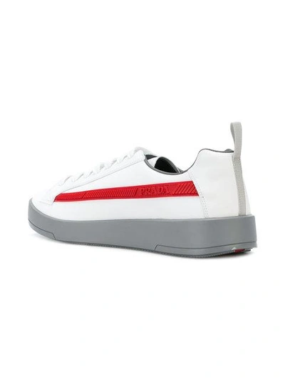 Prada Graphic Logo Stripe Leather Sneakers In White | ModeSens