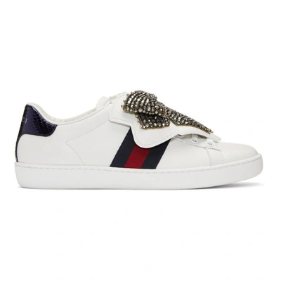 Shop Gucci White Crystal Bow Ace Sneakers