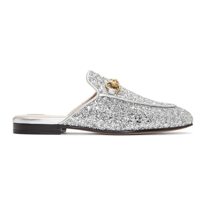 Shop Gucci Silver Glitter Princetown Slippers