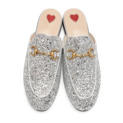 Shop Gucci Silver Glitter Princetown Slippers