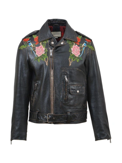 Shop Gucci Embroidered Biker Jacket In Black