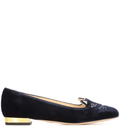 Shop Charlotte Olympia Kitty Velvet Ballet Flats In Blue