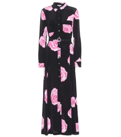 Ganni Belted Shirt Dress With Rose Print In Black | ModeSens