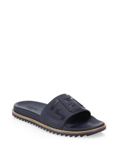 Shop Fendi Logo Embossed Slide Sandals In Blue Denim