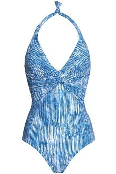Shop Melissa Odabash Woman Zanzibar Twist-front Snake-print Halterneck Swimsuit Blue