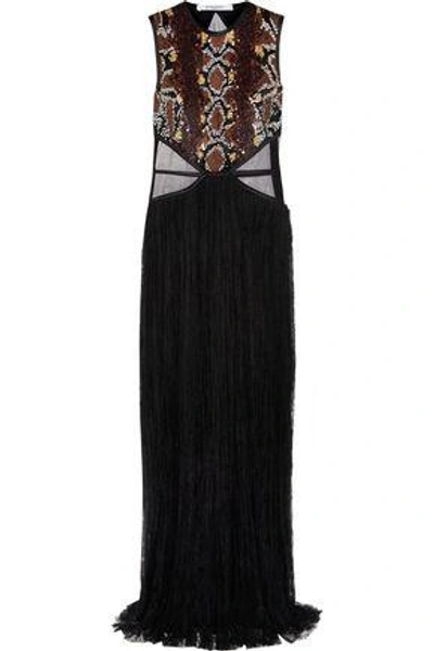 Shop Givenchy Tulle-paneled Sequin-embellished Chantilly Lace Gown In Black