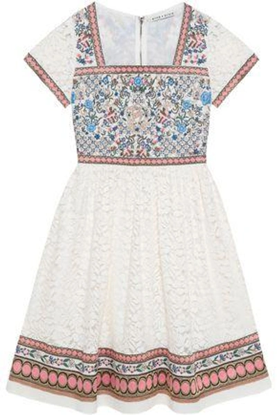 Shop Alice And Olivia Woman Embroidered Cotton-blend And Lace Paneled Dress Off-white