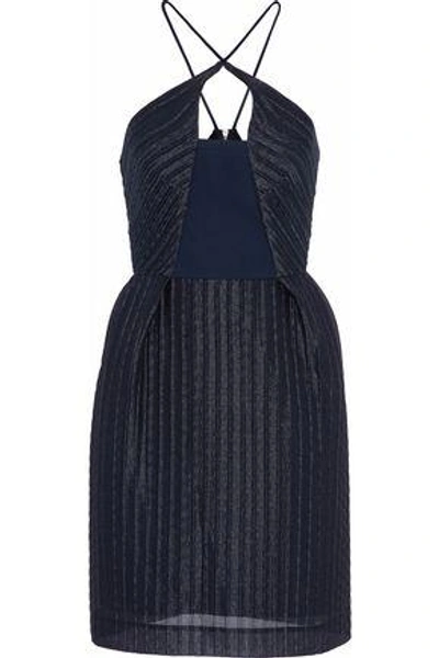 Shop Roland Mouret Woman Pleated Gauze Halterneck Mini Dress Navy