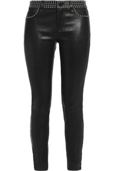 Shop L Agence Woman Studded Leather Skinny Pants Black