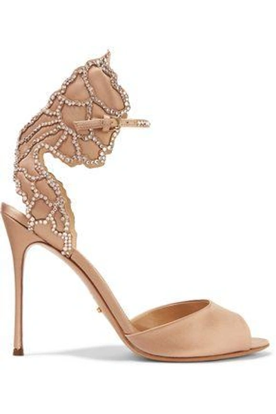 Shop Sergio Rossi Woman Crystal-embellished Satin Sandals Beige