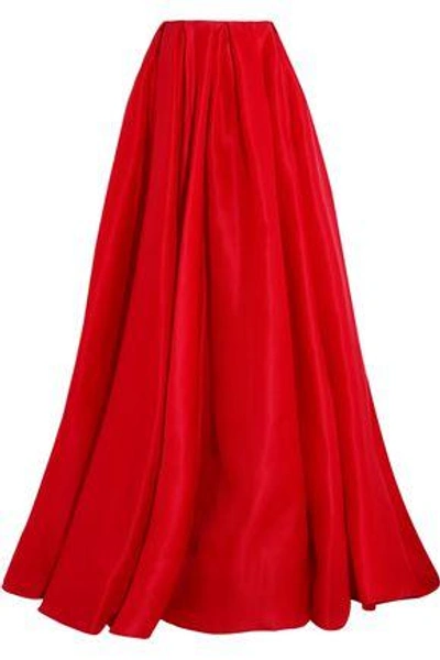 Shop Reem Acra Woman Pleated Silk-gazar Maxi Skirt Red