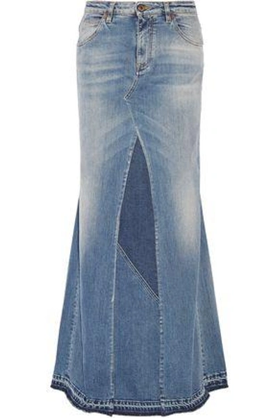 Shop Roberto Cavalli Woman Paneled Stretch-denim Maxi Skirt Mid Denim