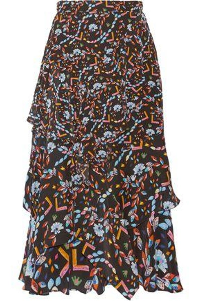 Shop Peter Pilotto Woman Tiered Printed Silk Midi Skirt Black