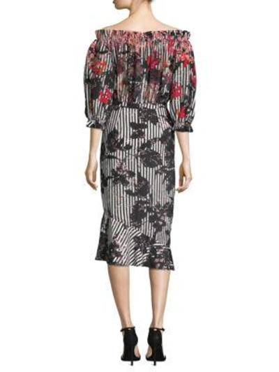 Shop Saloni Grace Off-the-shoulder Silk Dress In Flower Stripe
