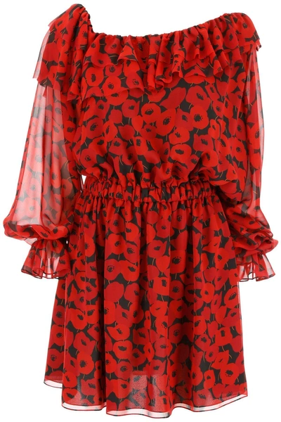 Shop Saint Laurent Georgette Dress With Red Poppies Print In Noir Rougenero