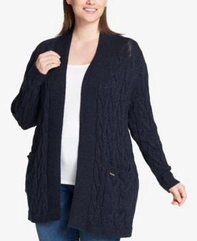 Shop Tommy Hilfiger Plus Size Open-front Cable-knit Cardigan, Created For Macy's In Sky Captain Combo