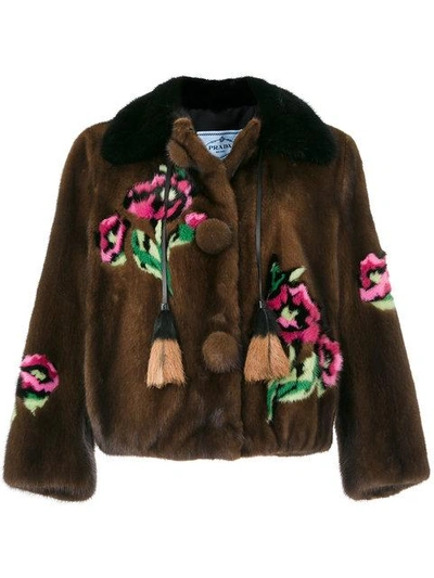 Shop Prada Floral Pattern Tassel Detail Jacket - Brown
