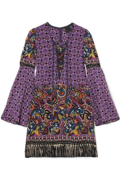 Shop Anna Sui Printed Silk Crepe De Chine Mini Dress In Purple