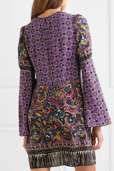 Shop Anna Sui Printed Silk Crepe De Chine Mini Dress In Purple