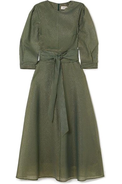 Shop Cefinn Belted Metallic Striped Cotton-blend Voile Dress