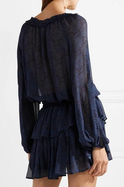 Shop Loveshackfancy Majorelle Ruffled Printed Silk-chiffon Mini Dress In Midnight Blue