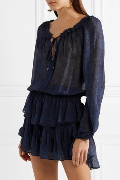 Shop Loveshackfancy Majorelle Ruffled Printed Silk-chiffon Mini Dress In Midnight Blue