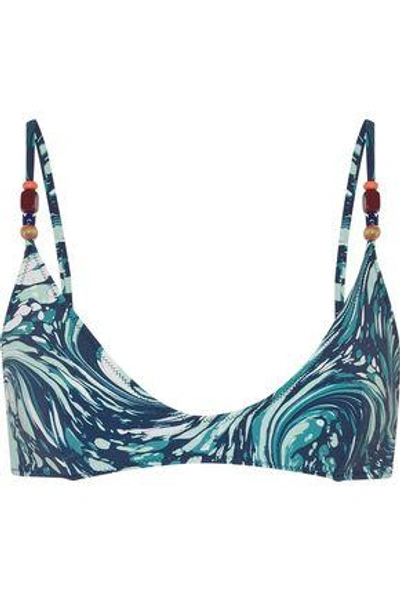 Shop Stella Mccartney Woman Bead-embellished Printed Bikini Top Teal
