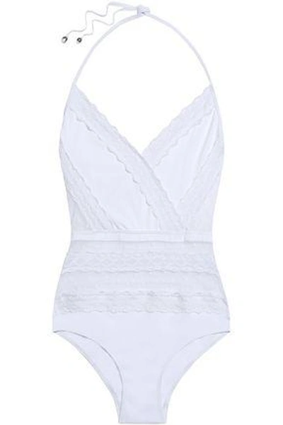 Shop Zimmermann Woman Zephyr Crochet-trimmed Point D'esprit-paneled Swimsuit White