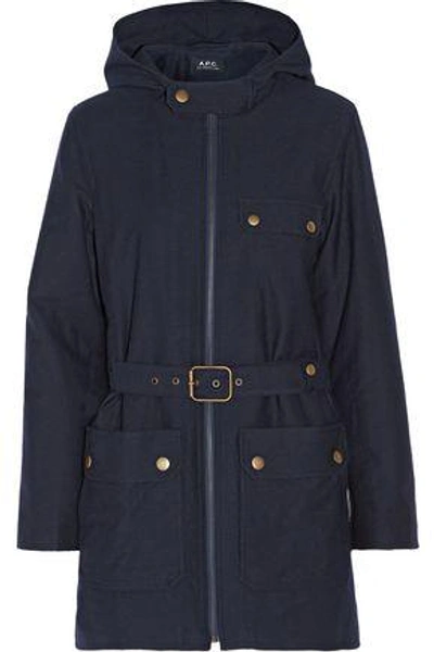 Shop Apc Woman Belted Cotton And Wool-blend Hooded Coat Midnight Blue