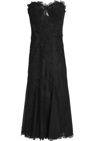 Shop Dolce & Gabbana Lace-appliquéd Pleated Crepe Midi Dress In Black